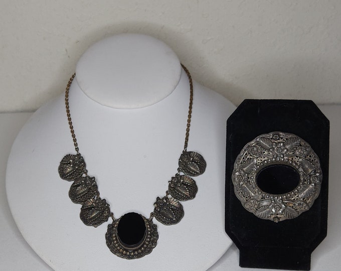 Vintage Antique Victorian Necklace and Brooch Set with Black Glass Ovals and Filigree Leaves B-3-31