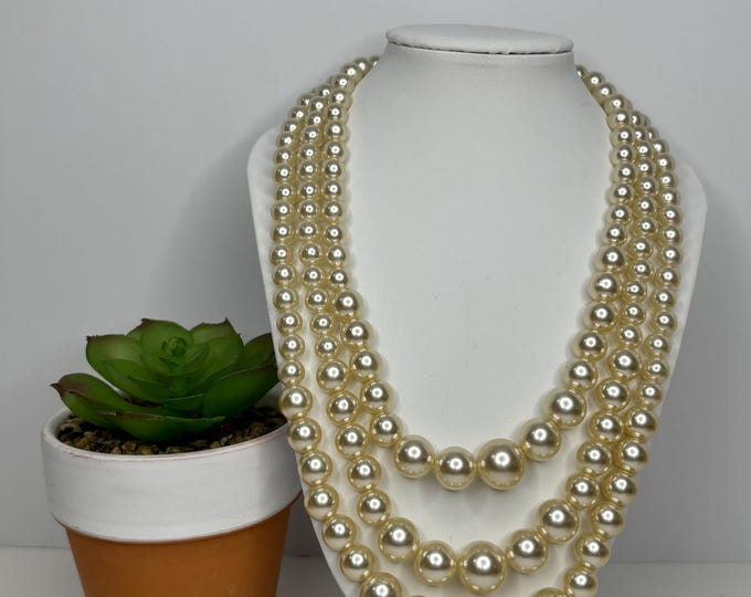 Vintage Faux Pearl Multi-Strand Necklace with Gold Tone Hook Closure 18” D-7-76