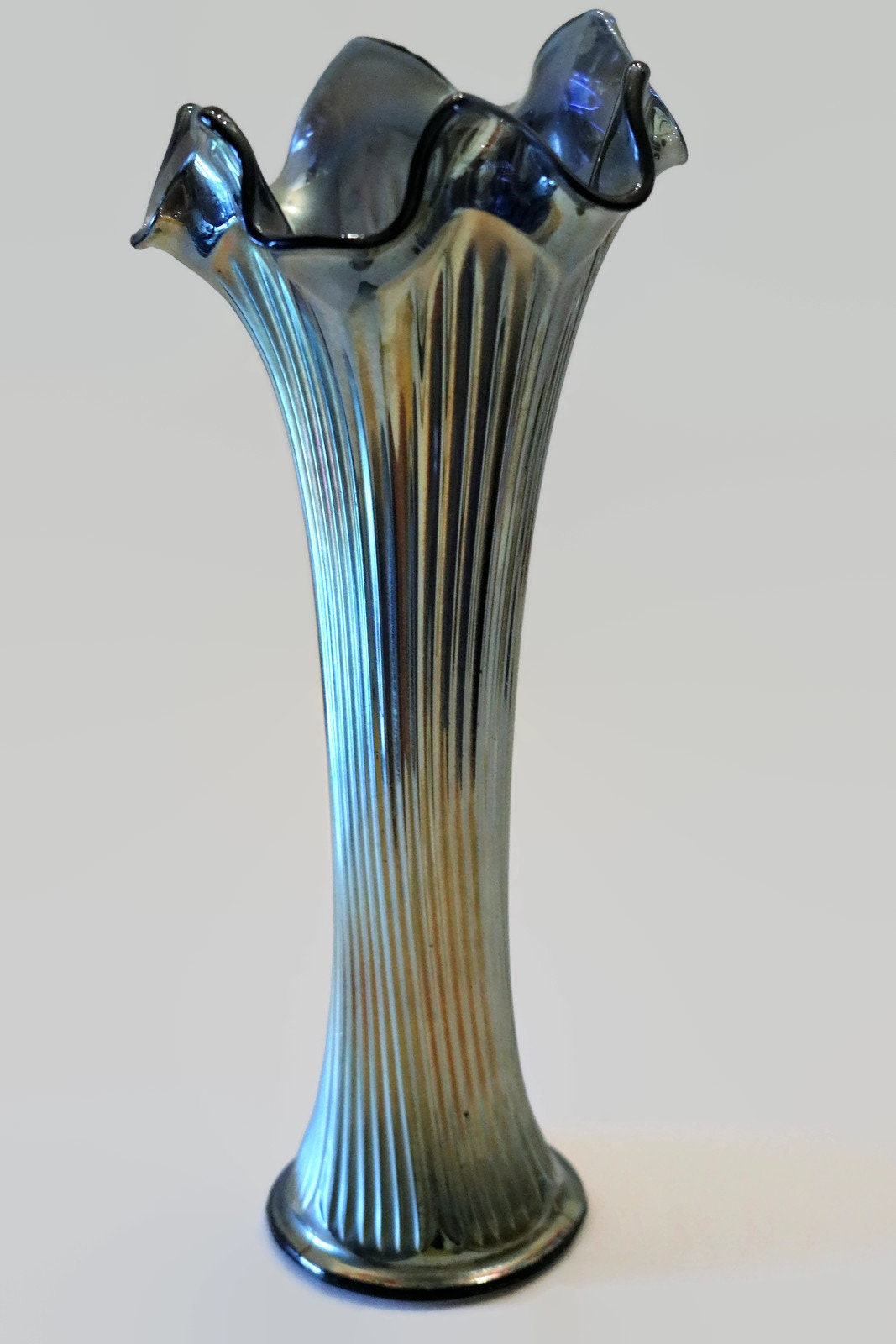 RARE Fenton Fine Rib Swung Vase in Sapphire Blue 9 1/2