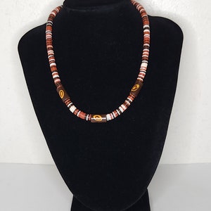 Vintage Orange, Brown and White Plastic Beaded Necklace B-8-14