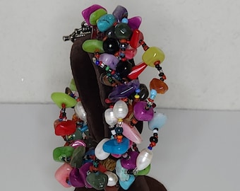 Vintage Multicolor Real Dyed Stone and Pearl Bracelet with Silver Tone Toggle Clasp C-7-69