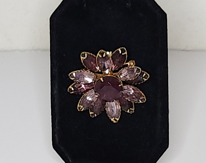 Vintage Amethyst Glass and Gold Tone Floral Brooch Pin C-8-95