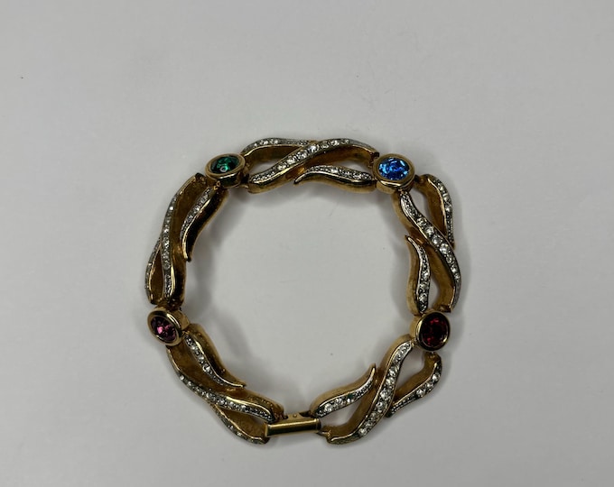 Vintage Small Links Gold-Tone with Clear and Gem Color Rhinestones Bracelet D-7-48