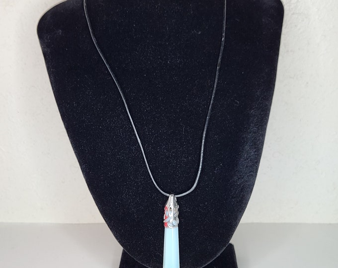 Vintage Opaline Glass Faceted Teardrop Pendant with Silver Tone Accent on Black Faux Leather Rope Necklace D-4-53