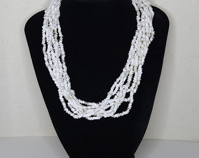 Vintage 8 Strand White and Clear Glass Diagonal Cut Beaded Necklace D-2-83