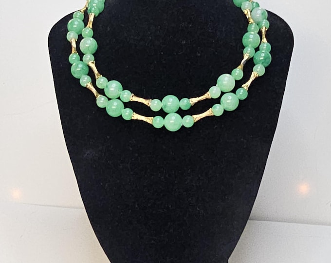 Vintage Coro Double Strand Gold Tone and Faux Green Jade Plastic Necklace 15-18" AA-1-1