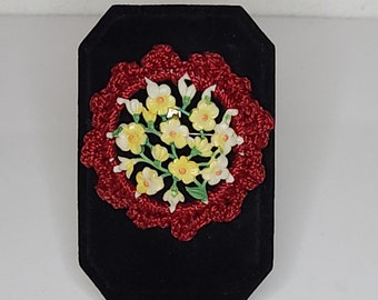 Vintage Celluloid Floral Brooch Pin with Red Crocheted Accent A-9-62