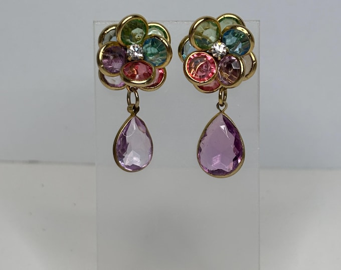 Vintage Bezel Set Acrylic Glass Pastel Flowers with Purple Drop and Rhinestone Center Post Back Earrings D-8-82