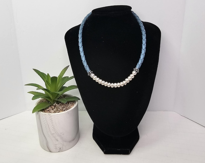 Honora Pearl and Light Denim Blue Braided Leather with Sterling Bezyntine style Findings 18" Necklace Signed D-5-2