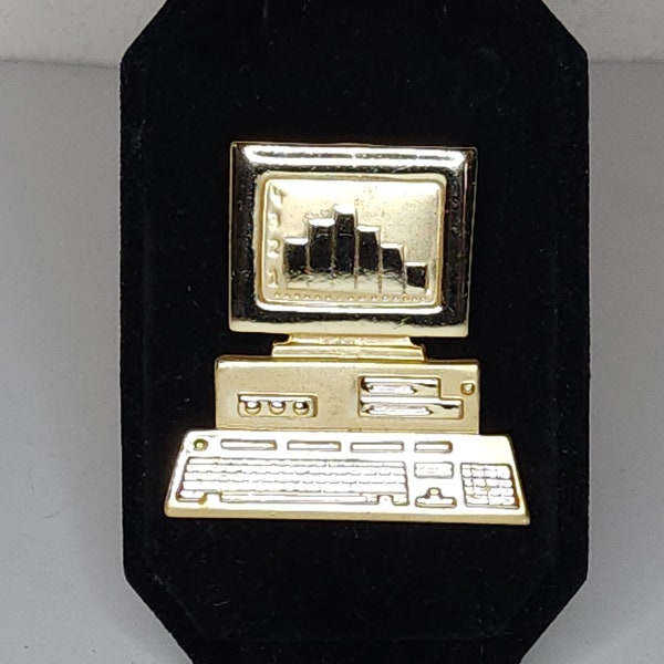 Vintage AJC Signed Gold Tone Computer with Bar Graph Brooch Pin B-4-43