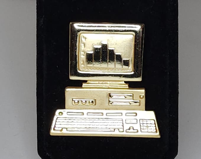 Vintage AJC Signed Gold Tone Computer with Bar Graph Brooch Pin B-4-43