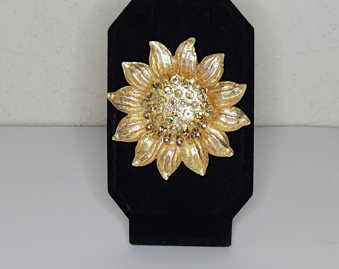 Vintage Silver Tone with Yellow Enamel Sunflower Brooch Pin with Yellow Rhinestones and Faux Pearls D-1-74