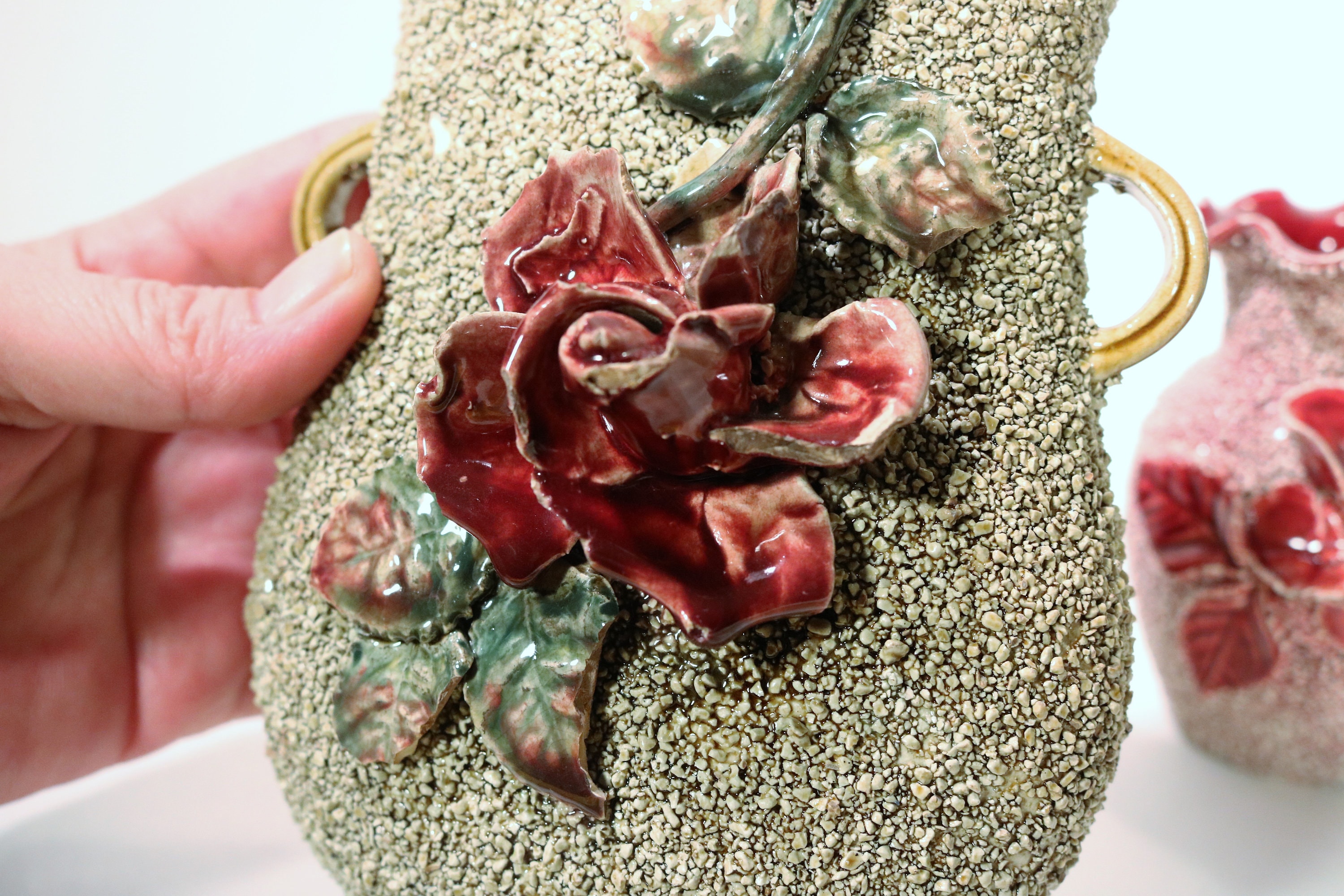 Victorian Sand Majolica BarbitoneStyled with Applied Flower Red Rose Vases Set of 3