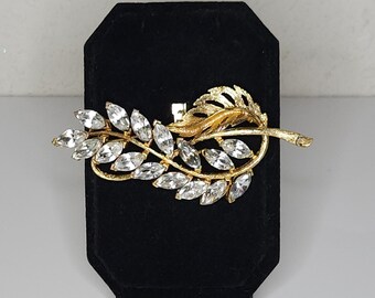 Vintage Gold Tone Leaves Brooch Pin with Clear Navette Rhinestones B-9-51