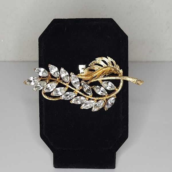 Vintage Gold Tone Leaves Brooch Pin with Clear Navette Rhinestones B-9-51
