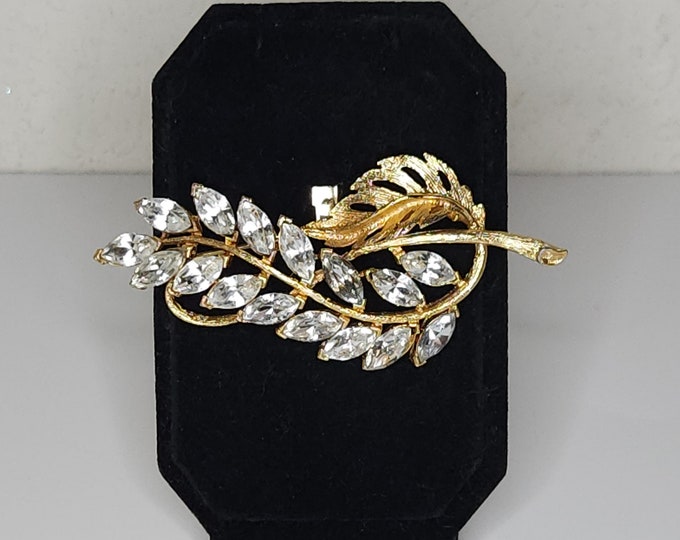 Vintage Gold Tone Leaves Brooch Pin with Clear Navette Rhinestones B-9-51