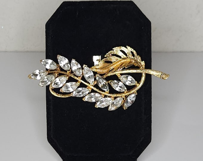 Vintage Gold Tone Leaves Brooch Pin with Clear Navette Rhinestones B-9-51