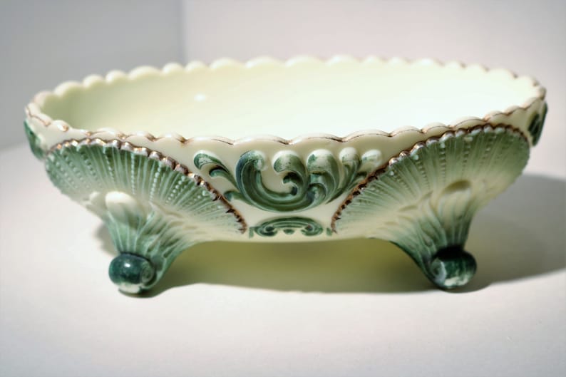 Vintage Northwood Geneva Custard Glass Console Bowl Beaded Etsy