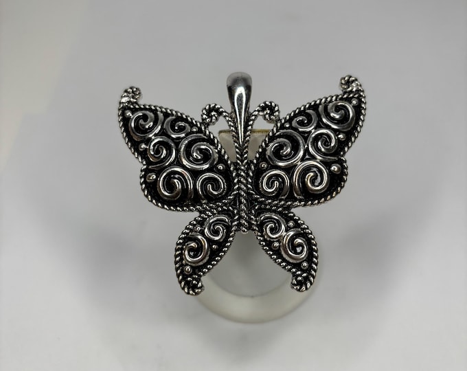 Sliver-Tone and Black Enamel Butterfly Pendant D-7-35