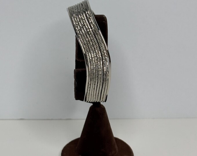 Silver Tone Faux Micro Bead Wave Stylized Adjustable Cuff Bracelet Size 7 D-8-36