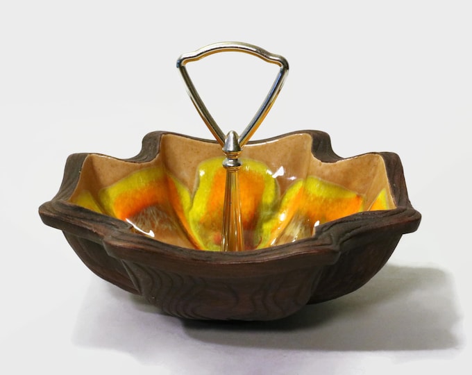American Bisque Sequoia Ware Handled Candy Nut Dish Wood Look Pottery Bright Orange Yellow Glaze