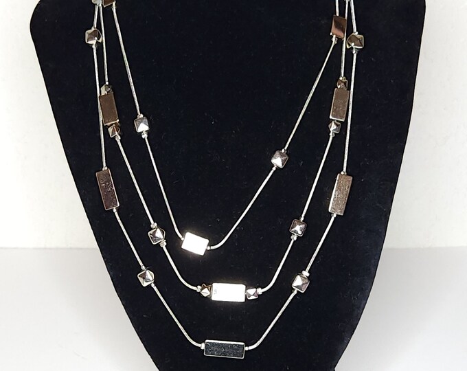 Vintage White House Black Market Signed Silver Tone Stationed Geometric Beads Three Strand Necklace 20 Inch A-7-23-JM