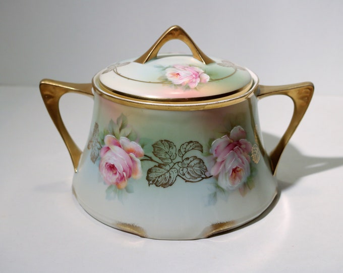ca. 1880-1918 Z.S. (Zeh Scherzer)& Co. Bavaria Green Gold with Pink and White Roses 5 1/2" Covered Serving Bowl