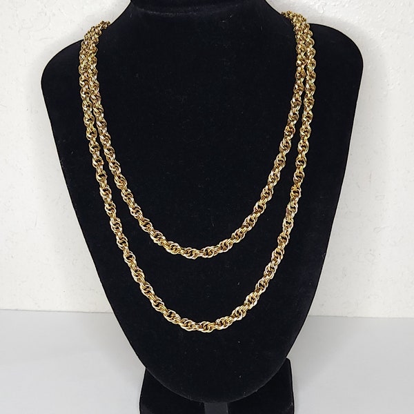 Vintage Crown Trifari Signed Long Gold Tone Rope Chain Necklace C-3-56