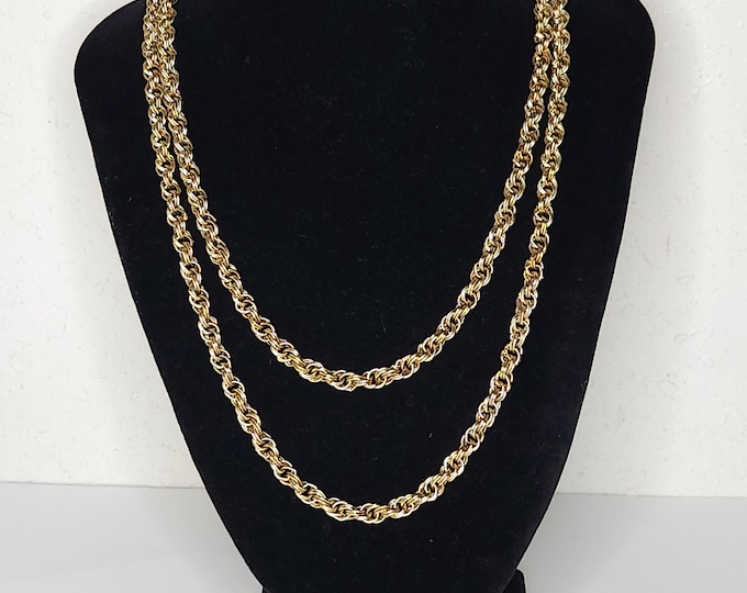 Vintage Crown Trifari Signed Long Gold Tone Rope Chain Necklace C-3-56