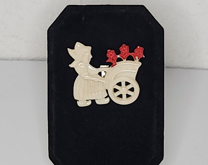 Vintage Celluloid Plastic Woman with Wheelbarrow and Flowers Brooch Pin C-2-44