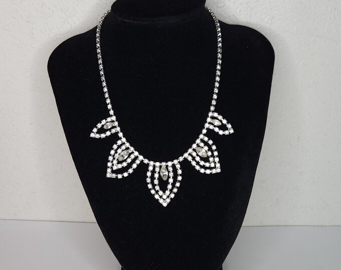 Vintage Silver Tone and Clear Rhinestone Cup Chain Statement Necklace D-3-9