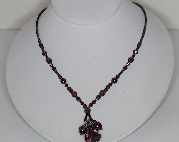 Vintage Purple and Gunmetal Tone Glass and Plastic Beaded Necklace with Twisted Glass Pendant C-3-22