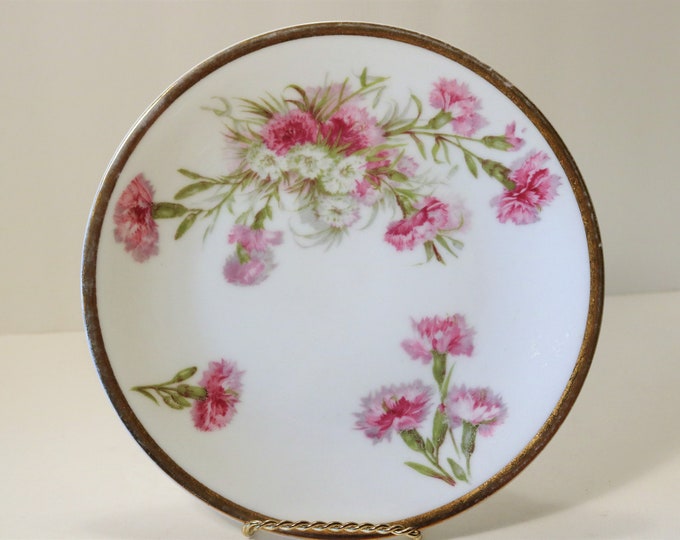 Antique Limoges France Marked Plate w/Pink and White Flowers Gold Rim