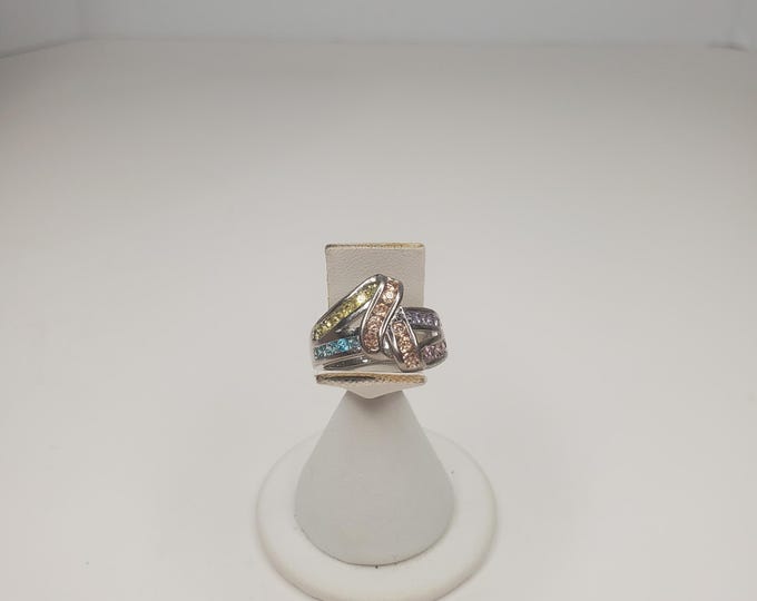 Costume Sliver-Tone and Multi-Colored Crystal Ring Size 7.25 D-6-31