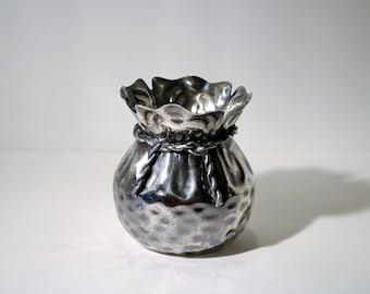 Vintage Taunton Silversmiths (Division of Lenox , 1970's) Dimpled Pouch/Bag with Rope Tie Vase