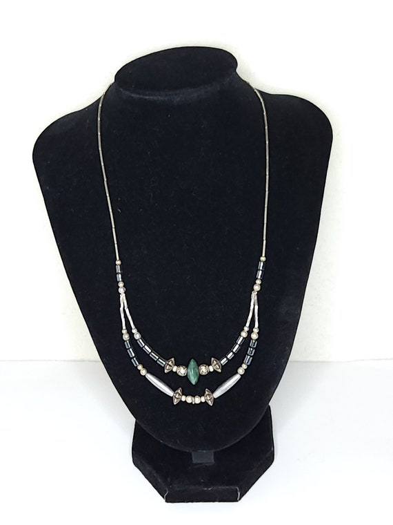 Vintage Silver Tone, Faux Green Stone, and Imitat… - image 1
