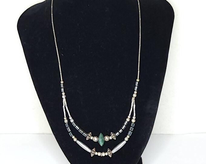 Vintage Silver Tone, Faux Green Stone, and Imitation Hematite Beaded Two Strand Necklace C-2-46