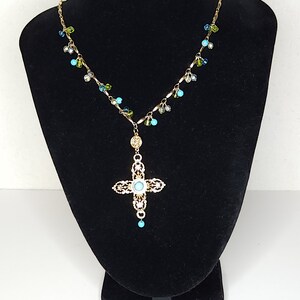 Vintage Gold Tone Cross Necklace with Blue and Green Beads 19 Inch A-7-17-JM