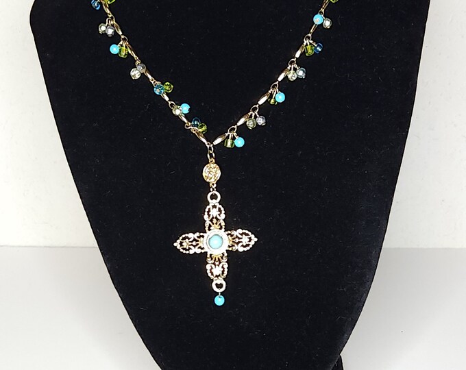 Vintage Gold Tone Cross Necklace with Blue and Green Beads 19 Inch A-7-17-JM