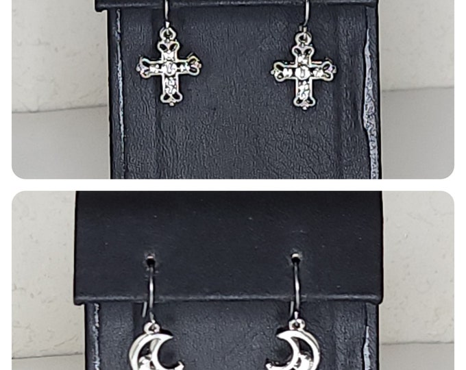 Vintage Two Pairs of Silver Tone Dangle Earrings - Cross with Clear Rhinestones, Crescent Moon Cutouts C-5-49