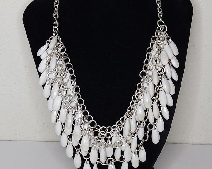 Vintage Avenue Signed Four Strand Silver Tone Chain with White Plastic Faceted Teardrop Dangles Necklace D-2-22