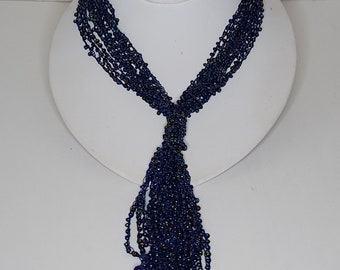 Vintage Peacock Blue Iridized Beads Crocheted "Chain" Necklace with Tassel D-1-13