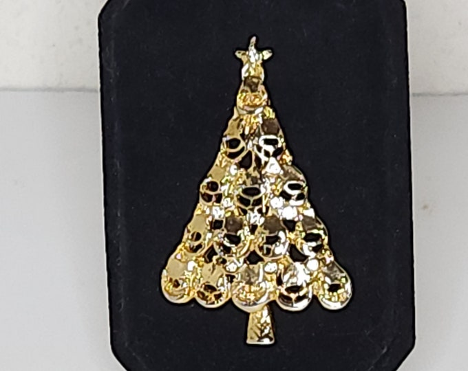 Vintage Gold Tone and Clear Rhinestone Christmas Tree Brooch Pin C-5-63
