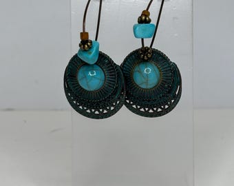 Vintage Look Patina Copper- Faux Turquoise Drop Earrings D-8-94