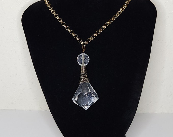 Vintage Faceted Clear Plastic Teardrop with Decorative Silver Tone Band and Round Faceted Bead on Gold Tone Endless Chain Necklace C-8-61