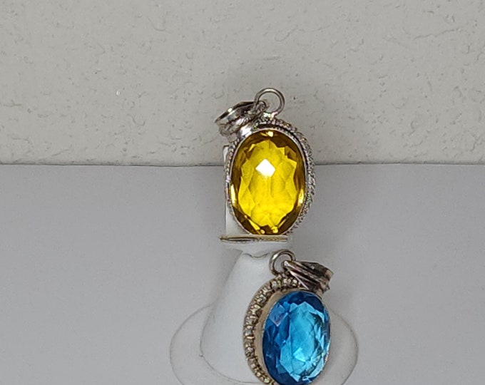Vintage Two Silver Tone and Faceted Glass Oval Pendants in Yellow and Blue D-1-98