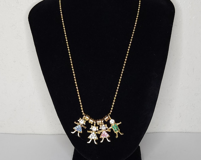 Vintage KIS Signed Birthstone Brats Kids with Rhinestones on Gold Tone Ball Chain Necklace D-1-11