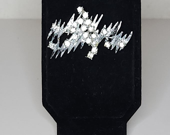 Vintage Brushed Silver Tone and Clear Rhinestone Zig Zag Brooch Pin A-7-86