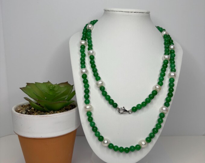 Jade of Yesteryear Green Jade and Real Pearl Necklace with Sterling Findings Approx 36” D-7-8