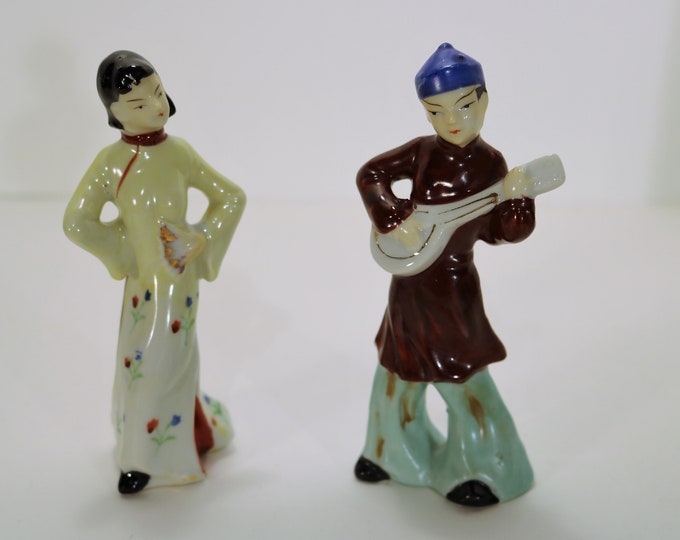 c. 1945-52 Occupied Japan Porcelain Oriental Couple - Guitar/Lute Player and Dancer